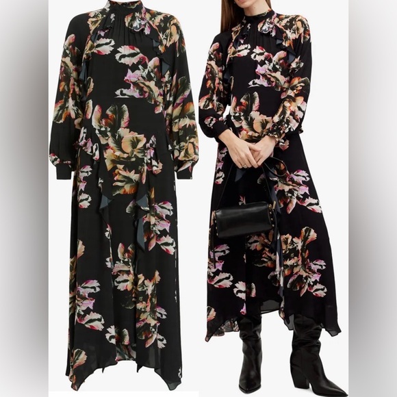 New ALLSAINTS Jessica Mock Neck Long Sleeve Handkerchief Hem Dress sz 10 - Picture 2 of 7